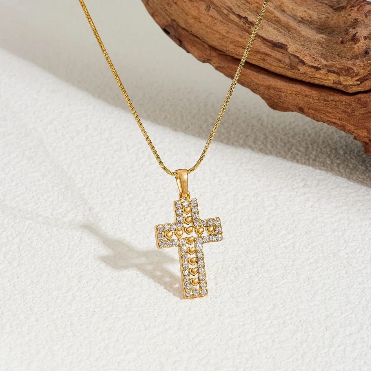 Cross Necklace with Heart Motif and Crystal Border, Gold-Plated