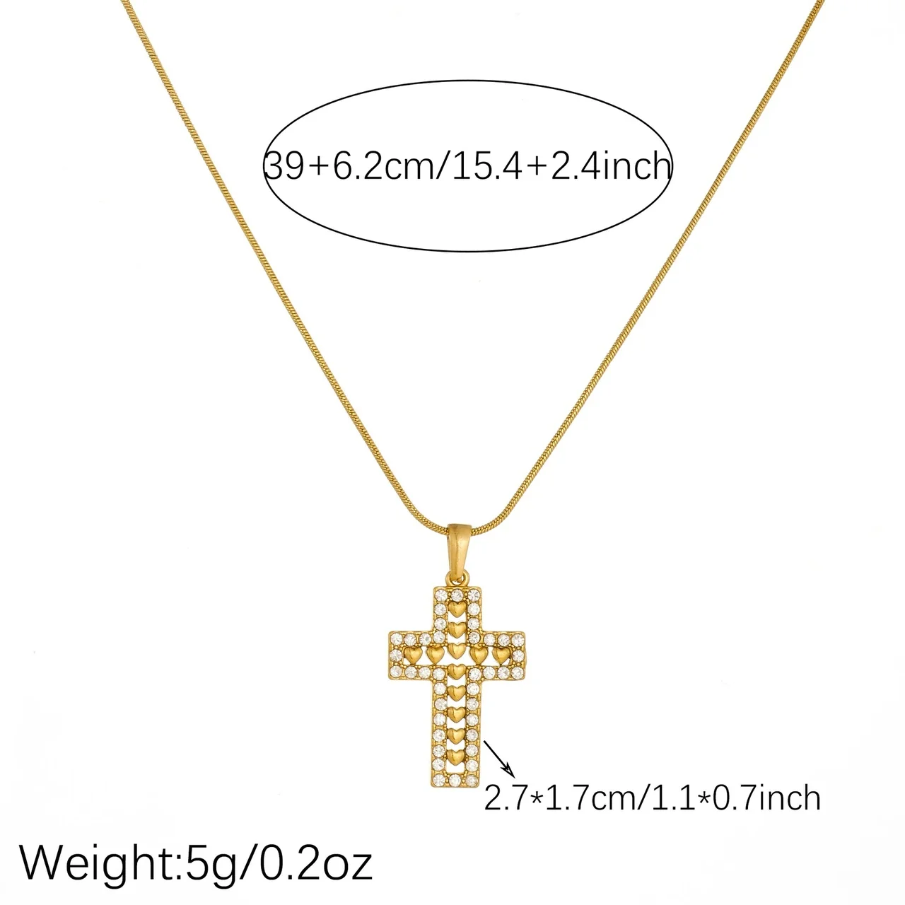 Cross Necklace with Heart Motif and Crystal Border, Gold-Plated