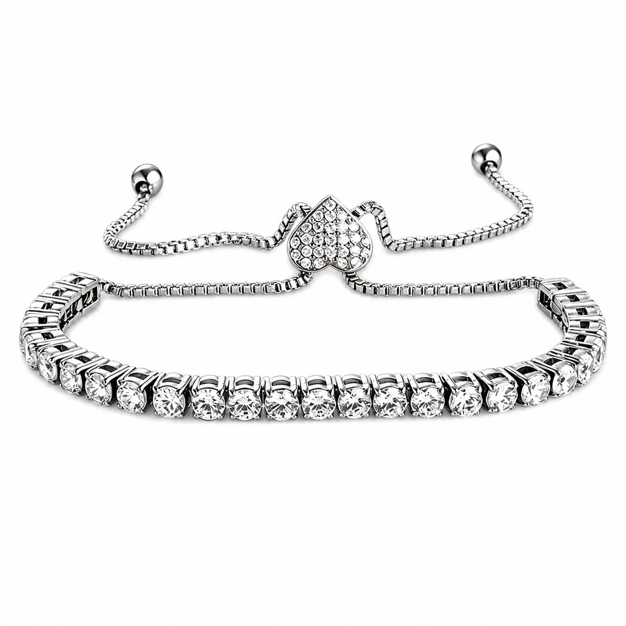 Polished 316 Stainless Steel Heart Slider Tennis Bracelet