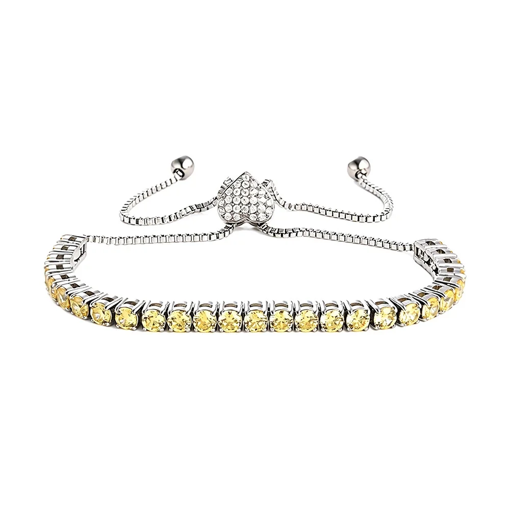 Polished 316 Stainless Steel Heart Slider Tennis Bracelet - mm Silver Heart Clasp Yellow CZ