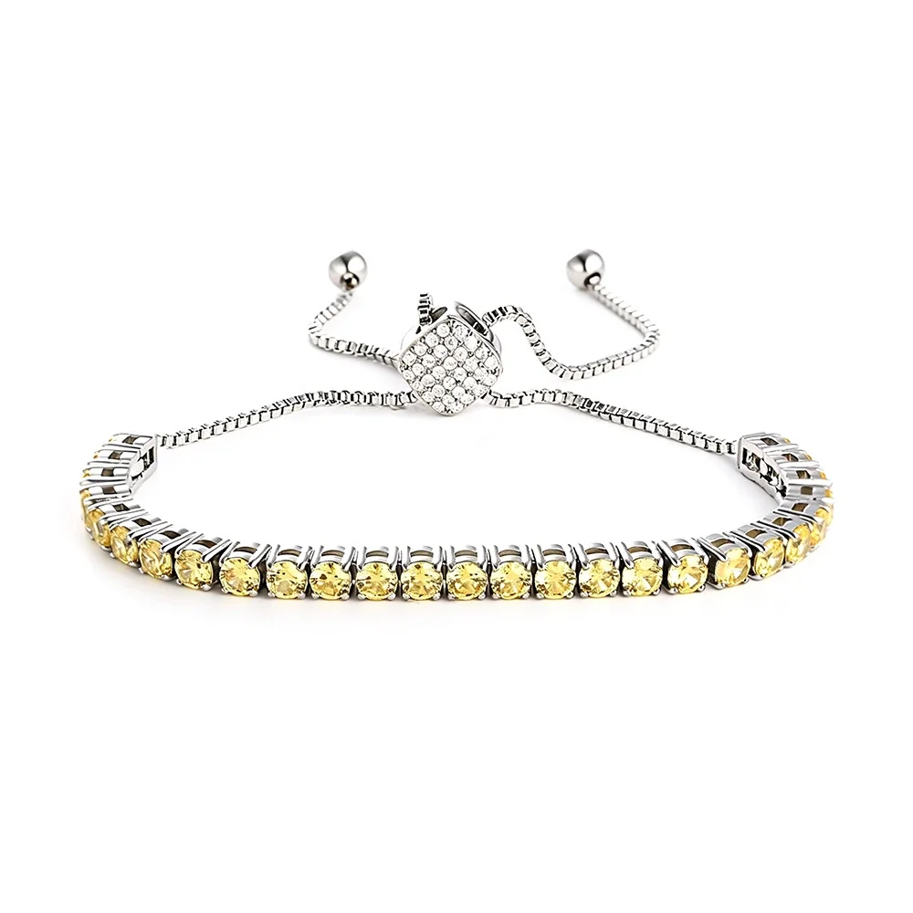 Polished 316 Stainless Steel Heart Slider Tennis Bracelet - mm Silver Square Clasp Yellow CZ