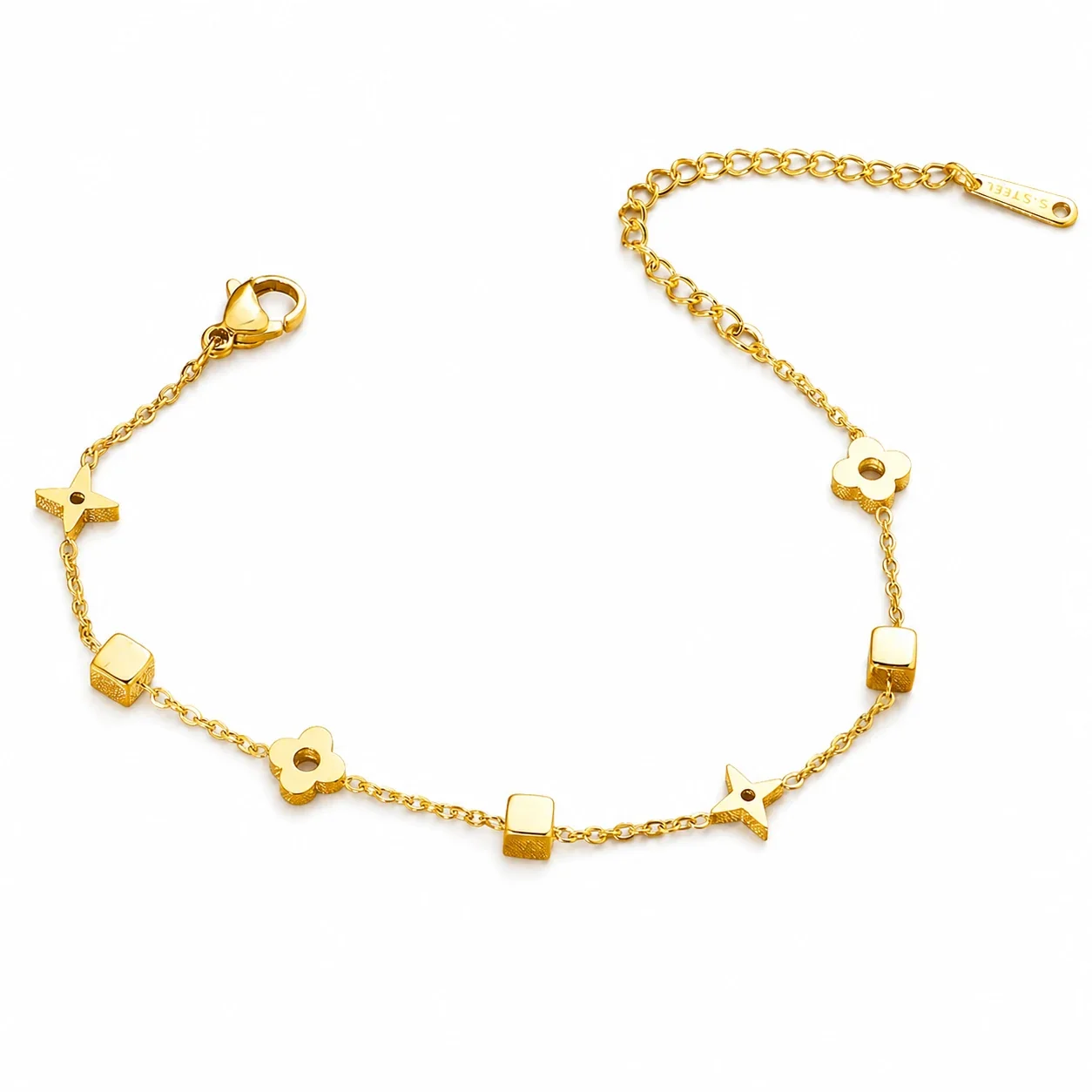 Delicate Gold-Plated Steel Star Flower Cube Charm Bracelet