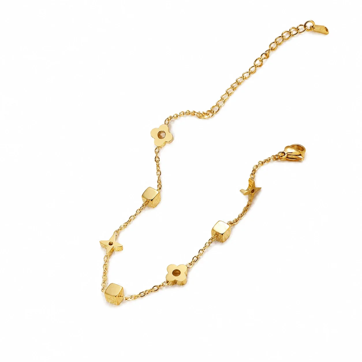 Delicate Gold-Plated Steel Star Flower Cube Charm Bracelet