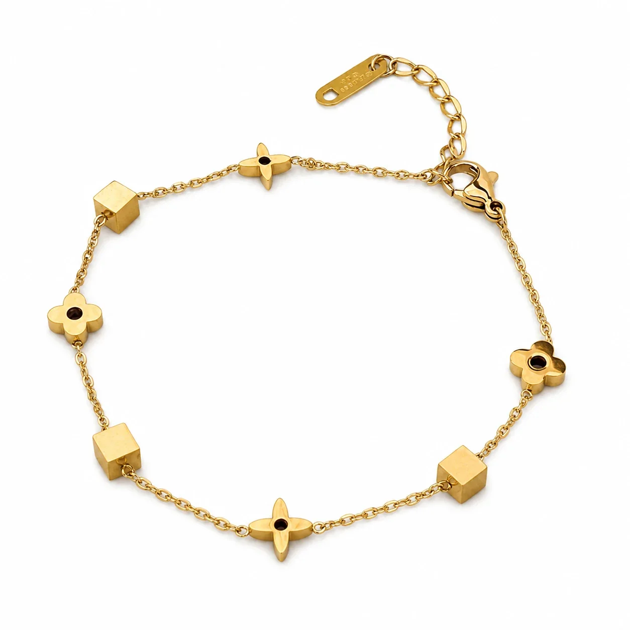 Delicate Gold-Plated Steel Star Flower Cube Charm Bracelet