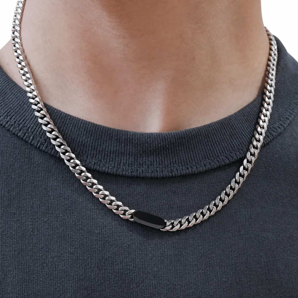 Industrial Stainless Steel Curb Chain Black Bar Necklace