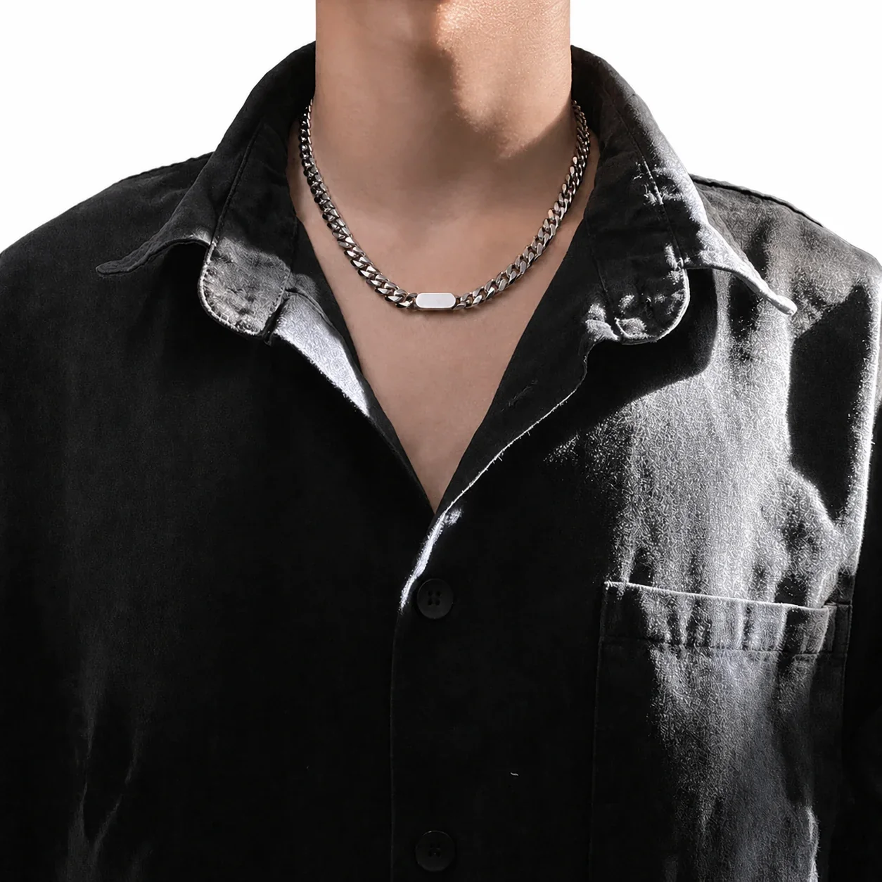 Industrial Stainless Steel Curb Chain Black Bar Necklace - Silver Black Bar + cm