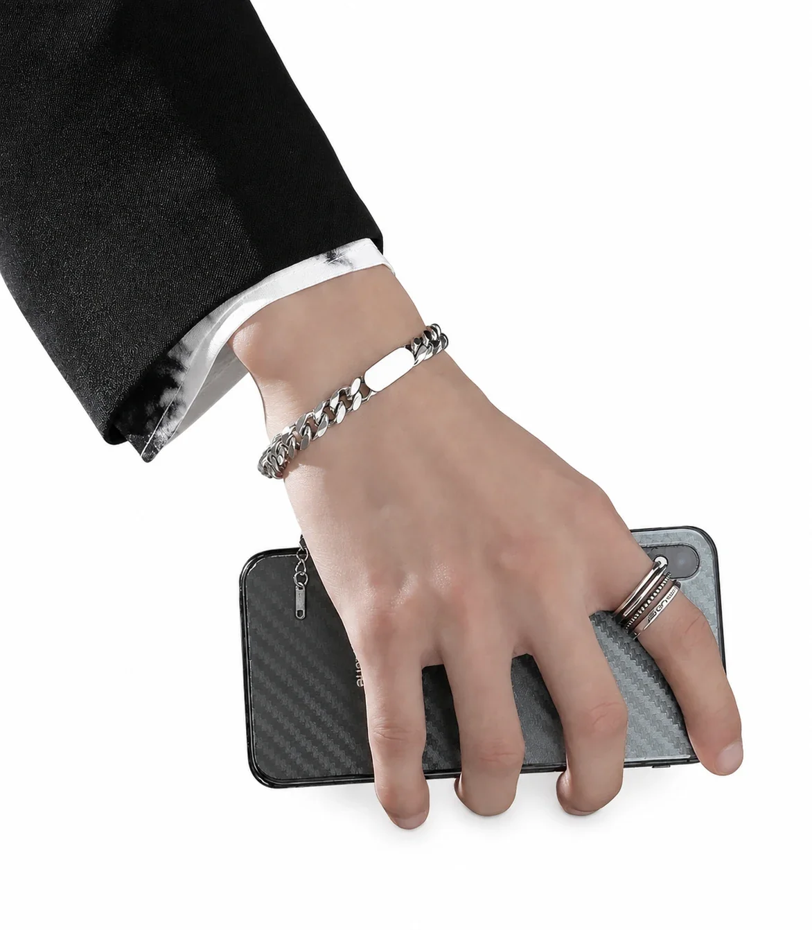 Industrial Stainless Steel Curb Chain Black Bar Necklace - Silver + cm