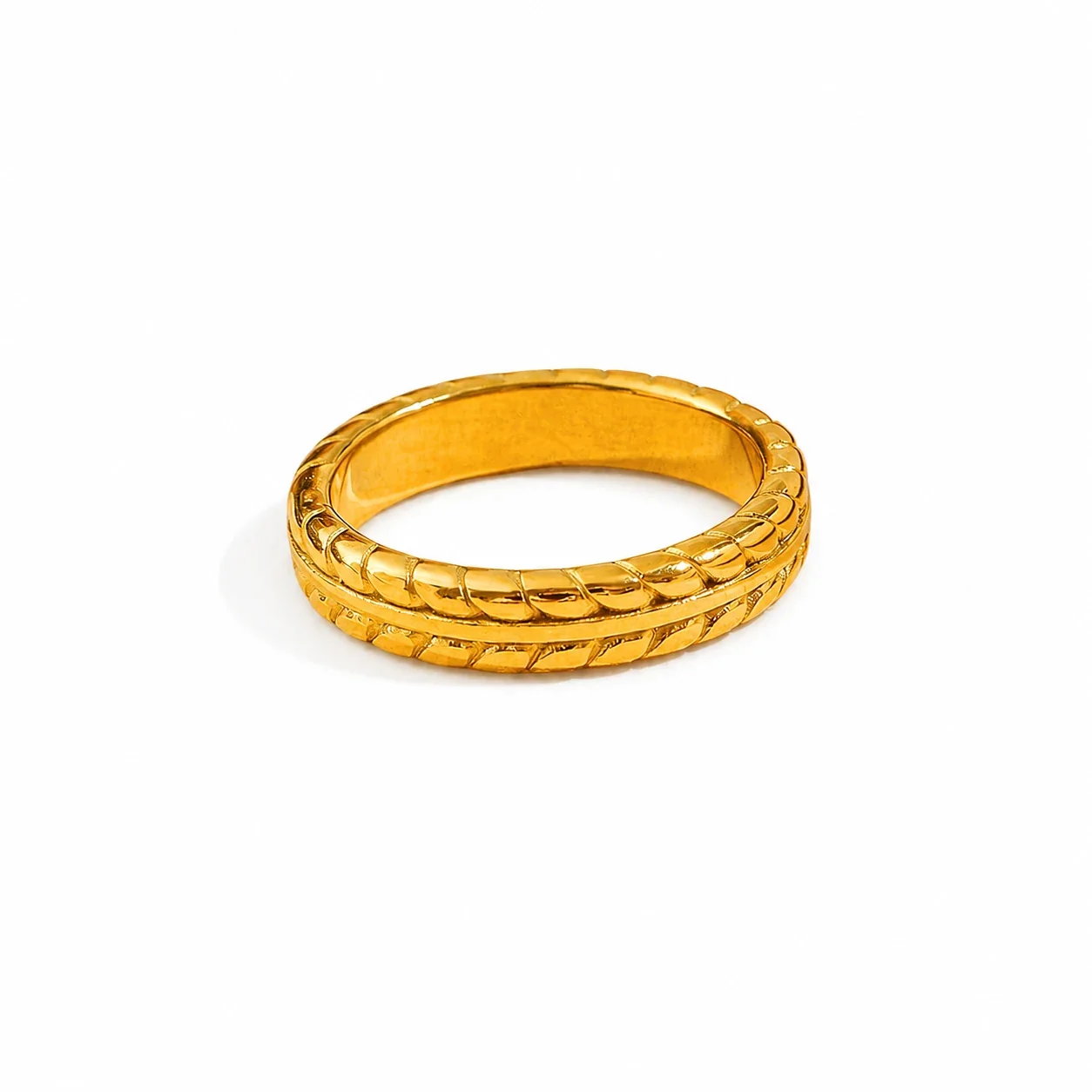 Refined Gold-Plated Stainless Steel Wheat Rib Band Ring