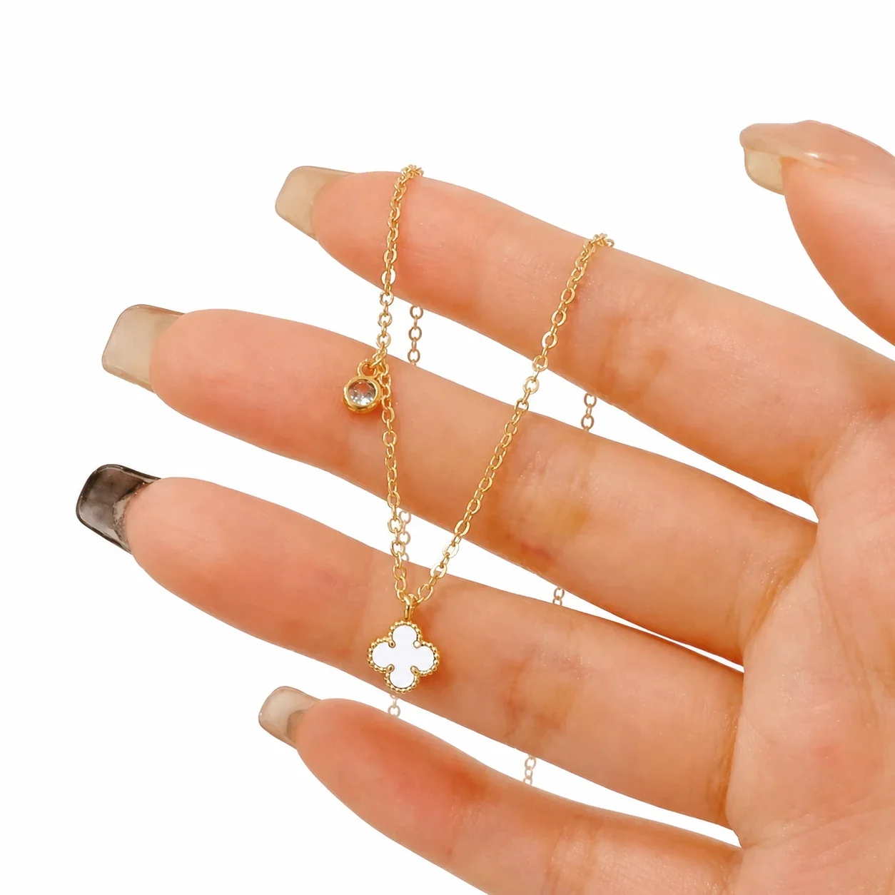 Dainty 18K Gold-Plated Clover Bead-Edge Pendant Necklace - Gold White Shell Pearl