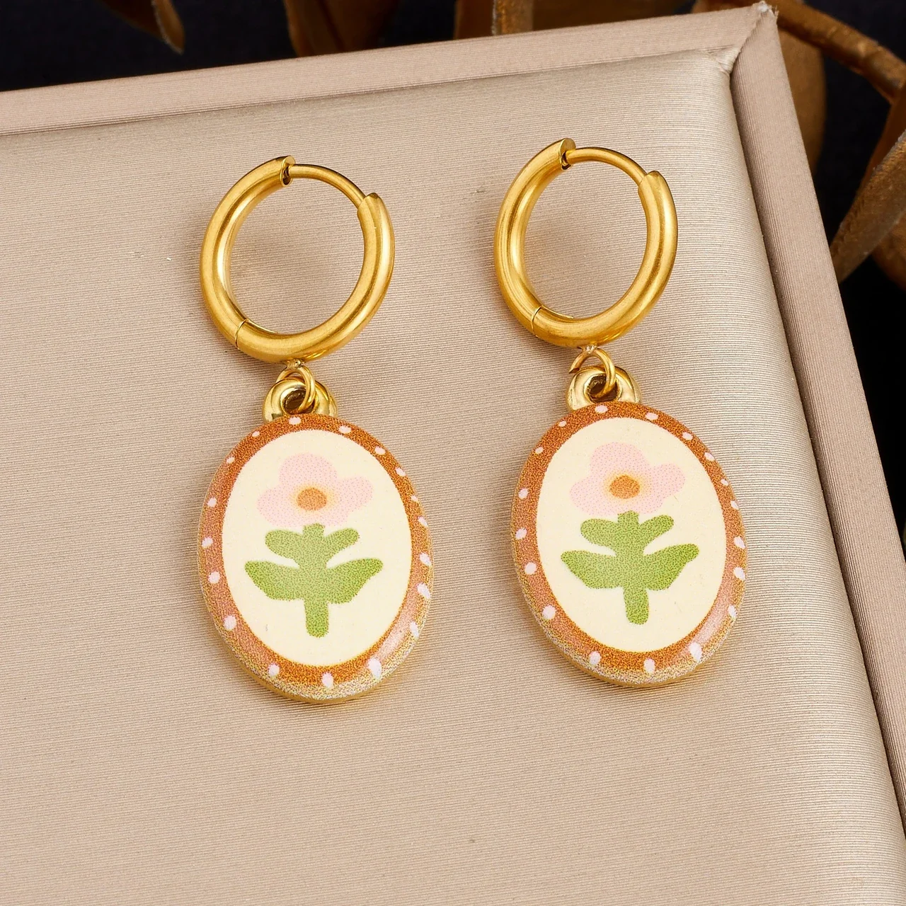 Hoop Earrings with Oval Floral Enamel Drops, Gold-Plated