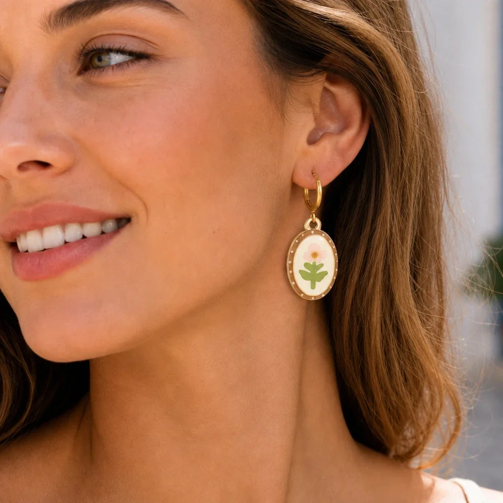 Hoop Earrings with Oval Floral Enamel Drops, Gold-Plated