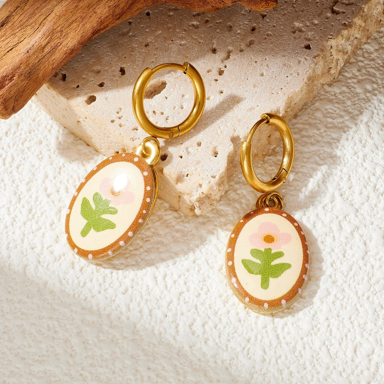 Hoop Earrings with Oval Floral Enamel Drops, Gold-Plated