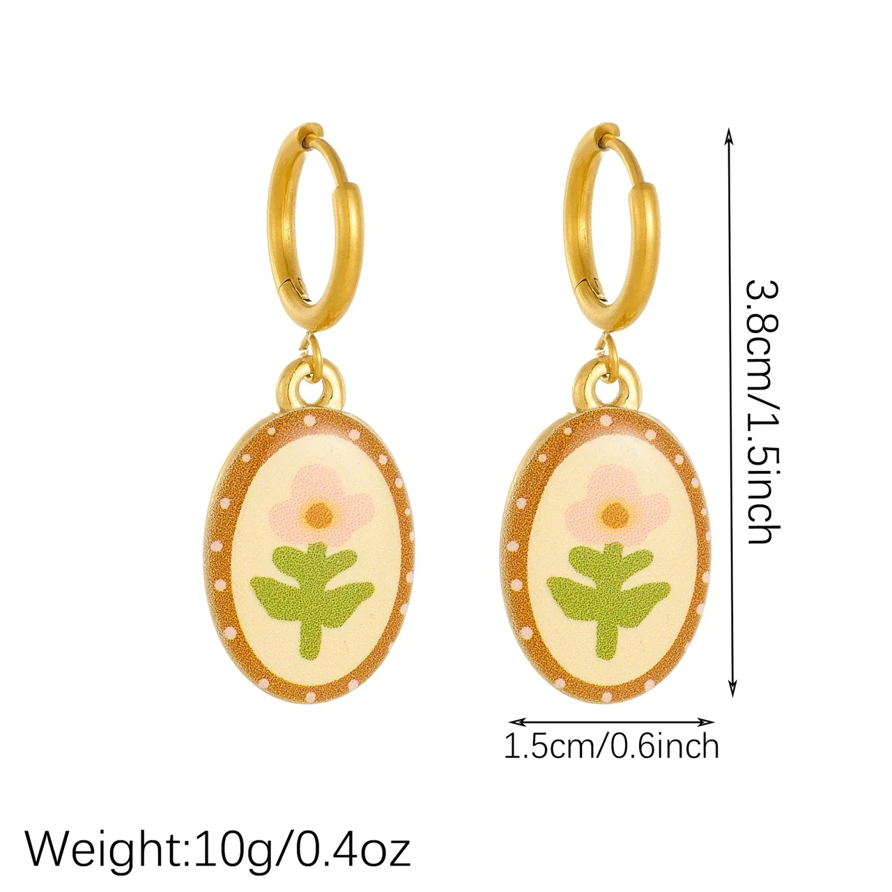 Hoop Earrings with Oval Floral Enamel Drops, Gold-Plated
