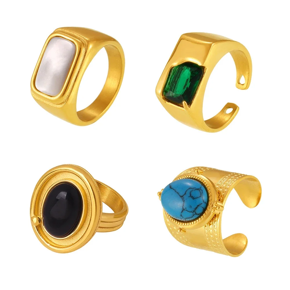 Bold Plated Stainless Steel Oval Cabochon & Bar Signet Ring