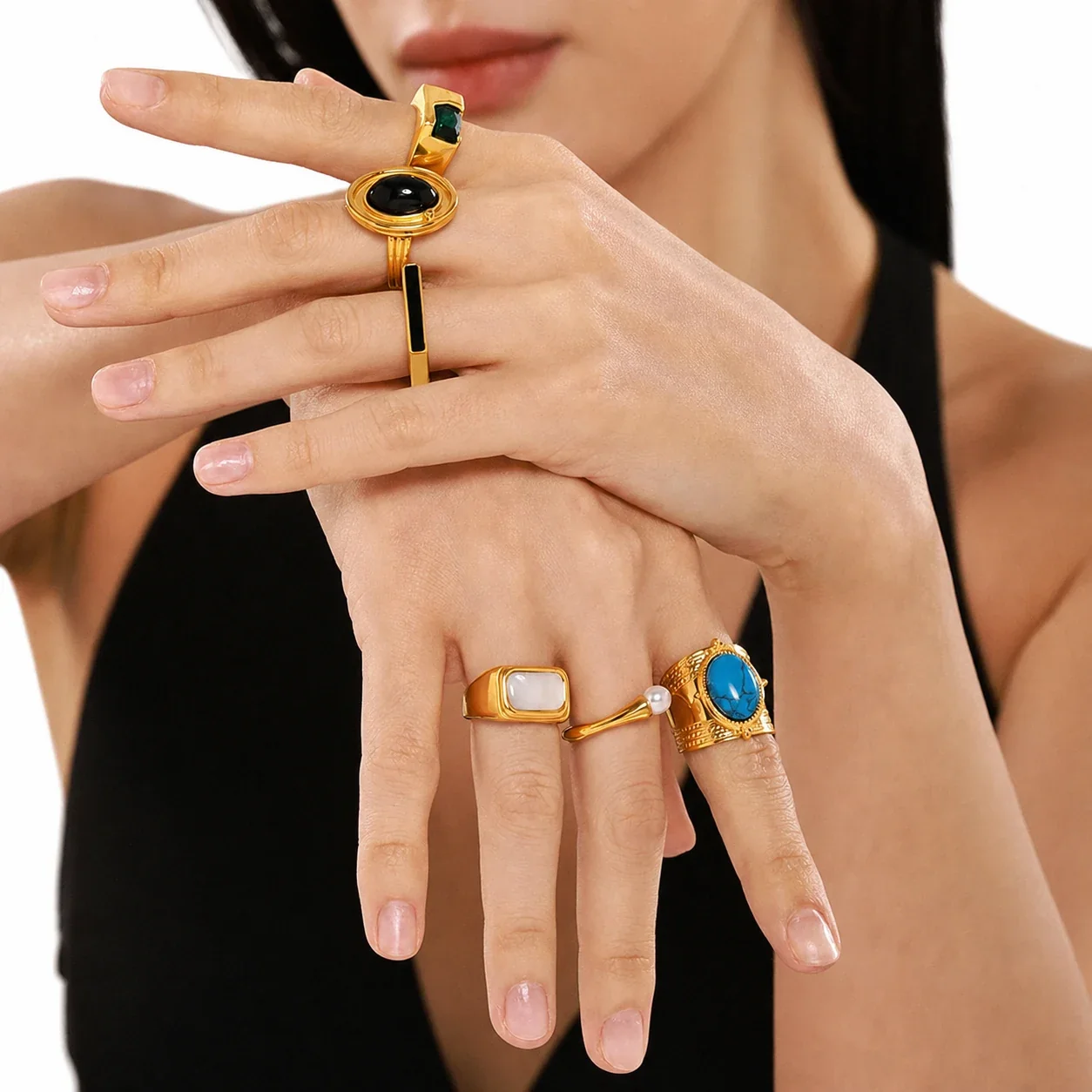 Bold Plated Stainless Steel Oval Cabochon & Bar Signet Ring