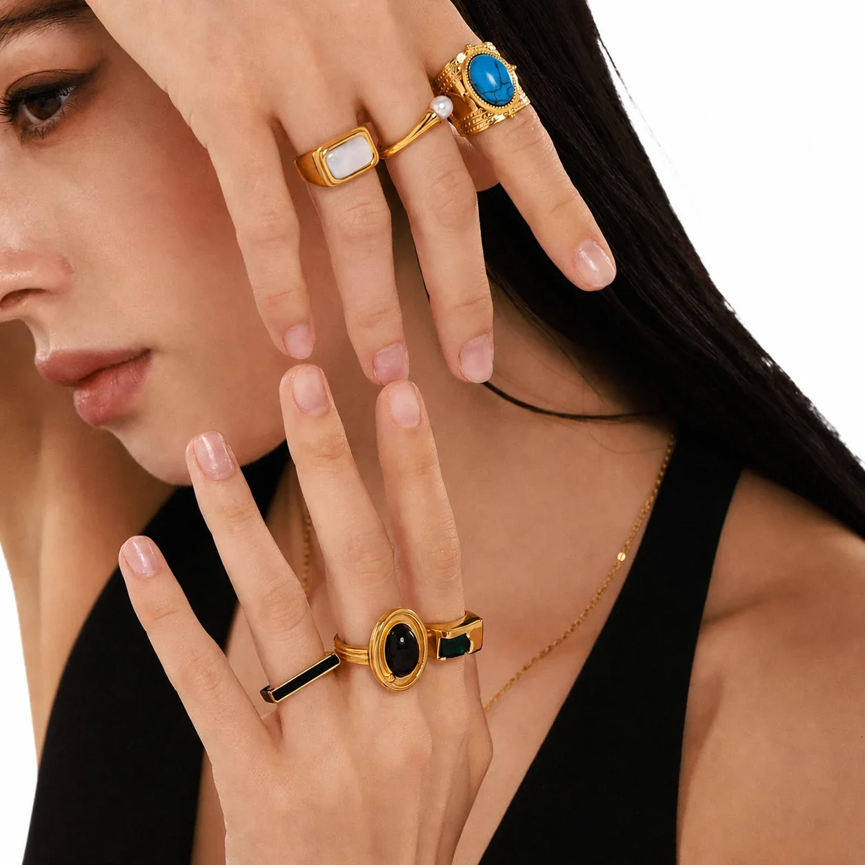 Bold Plated Stainless Steel Oval Cabochon & Bar Signet Ring