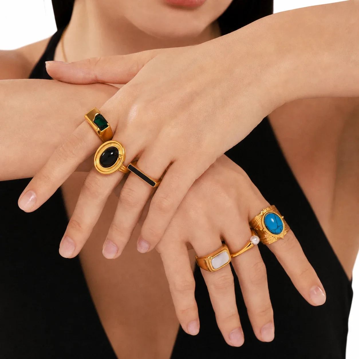 Bold Plated Stainless Steel Oval Cabochon & Bar Signet Ring