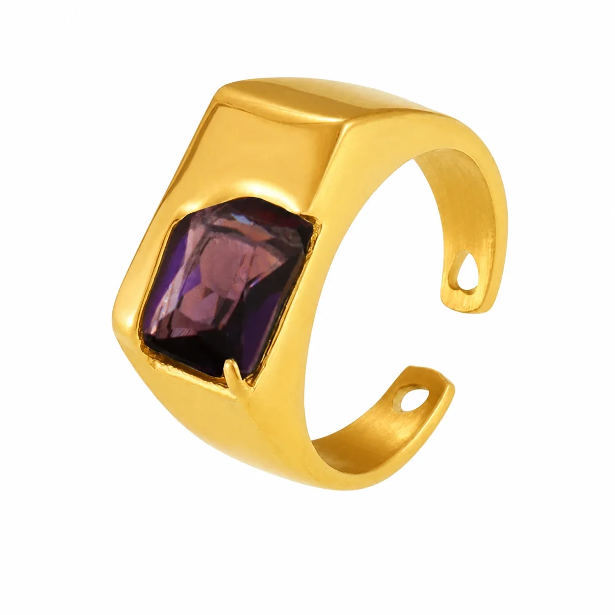 Bold Plated Stainless Steel Oval Cabochon & Bar Signet Ring - Gold Purple CZ