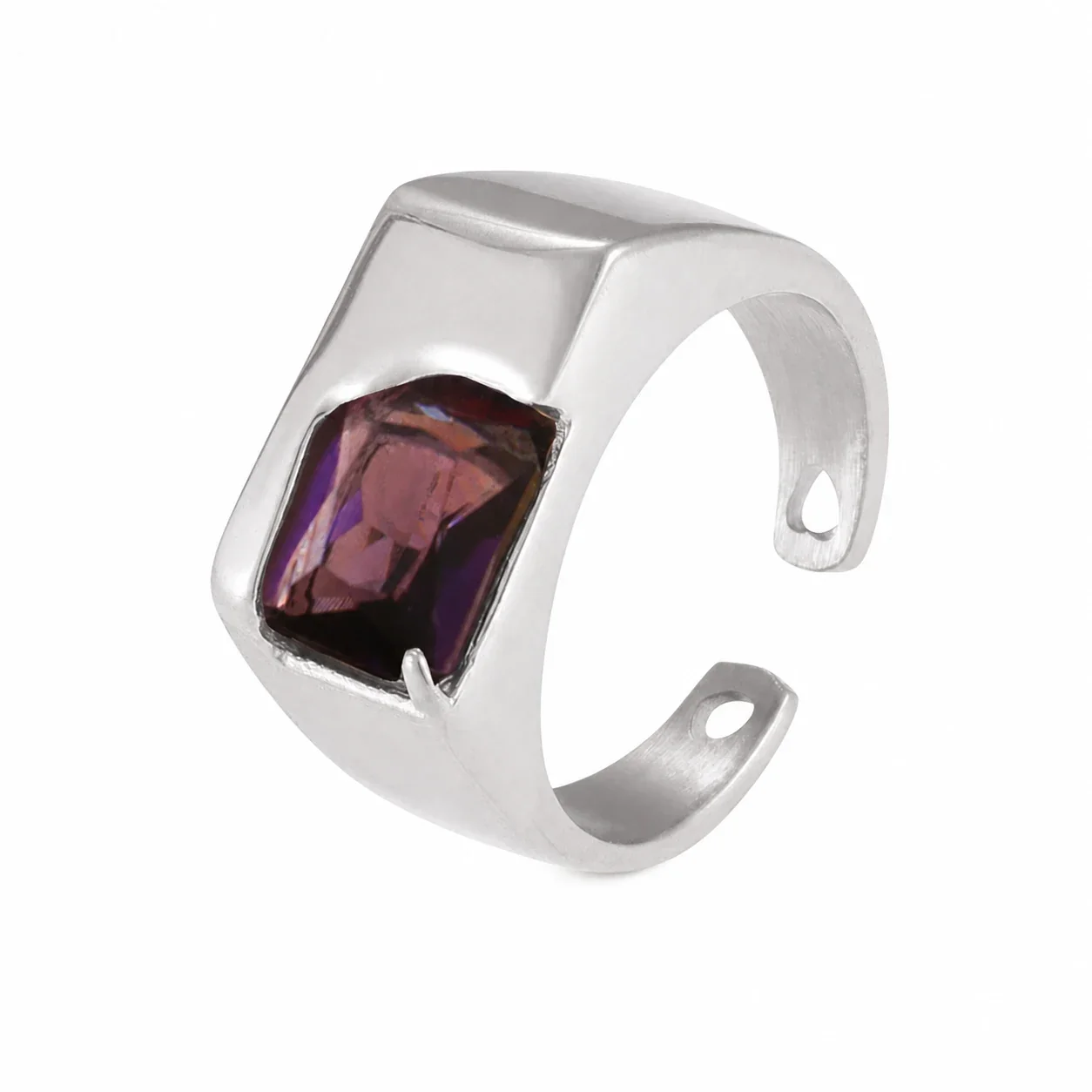 Bold Plated Stainless Steel Oval Cabochon & Bar Signet Ring - Silver Green CZ