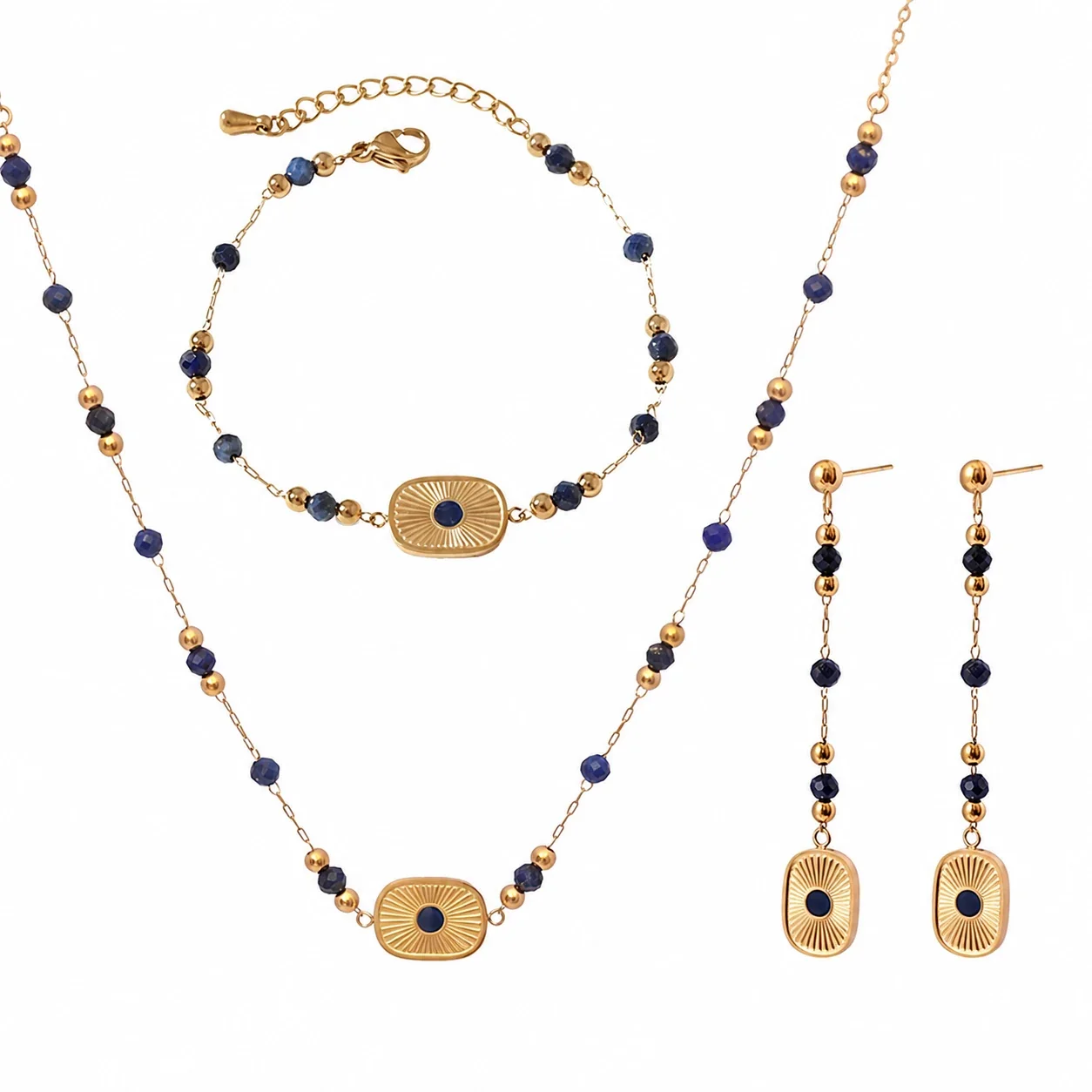Radiant Gold-Tone Blue Bead Sunburst Jewelry Set