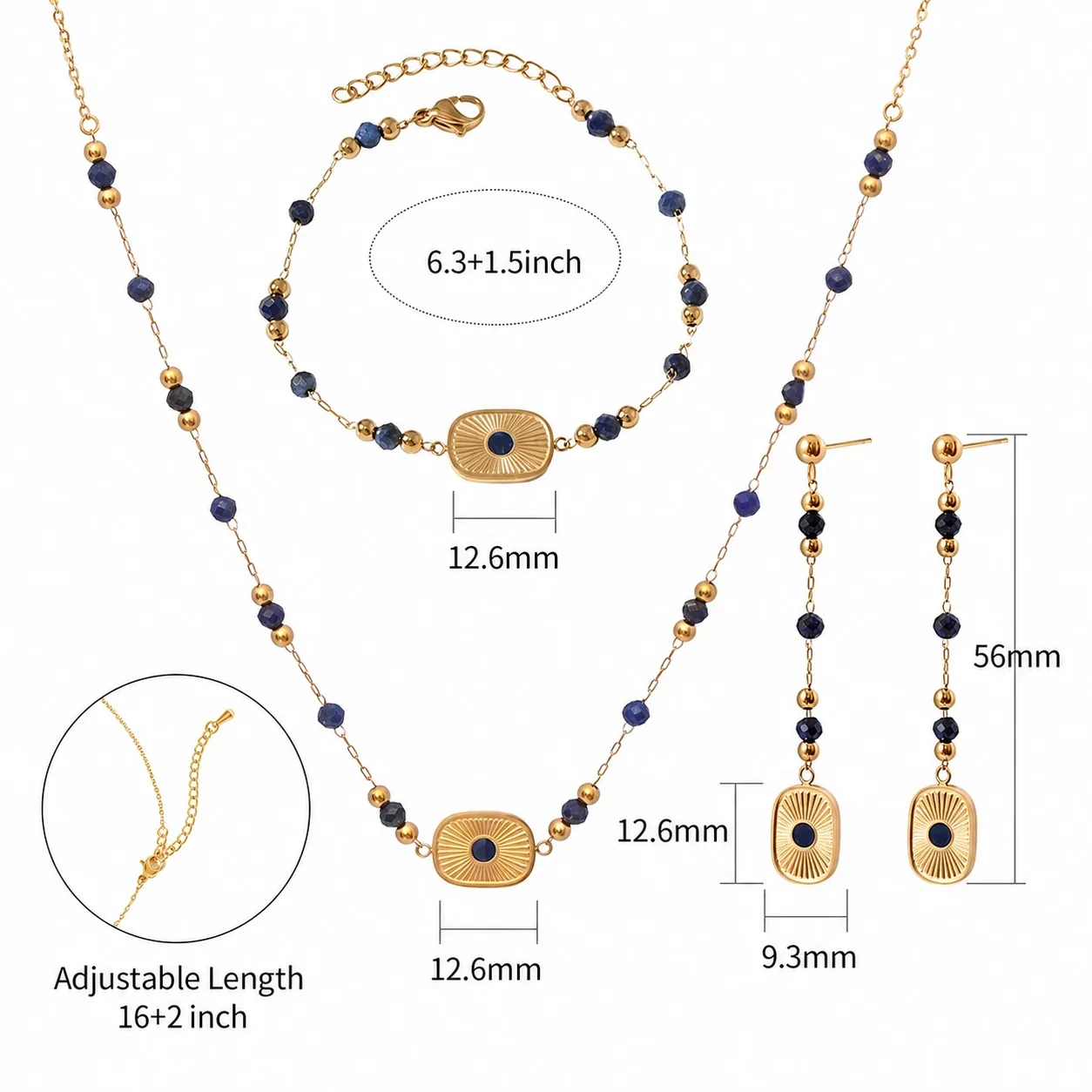 Radiant Gold-Tone Blue Bead Sunburst Jewelry Set