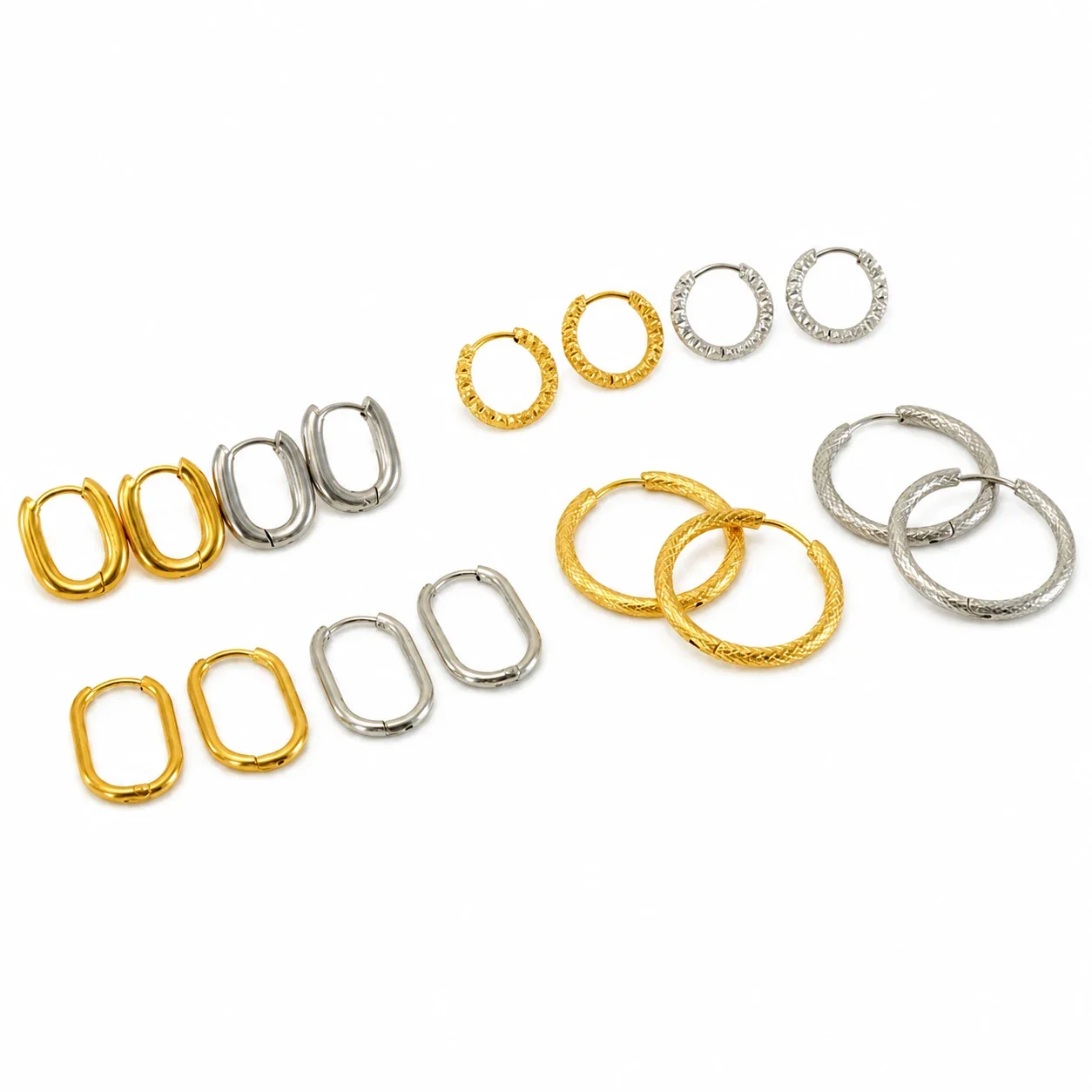 Sculptural Stainless Steel Faceted Oval Hoop Earrings