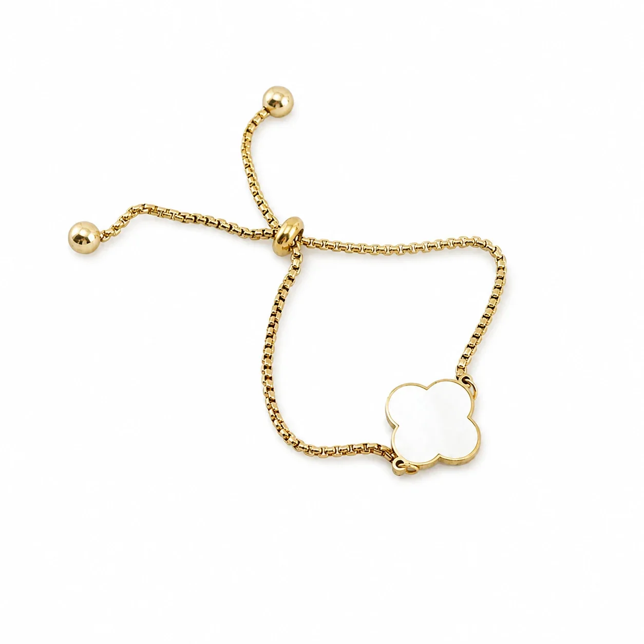 Refined 18K Gold-Plated Shell Clover Box Chain Bracelet - White