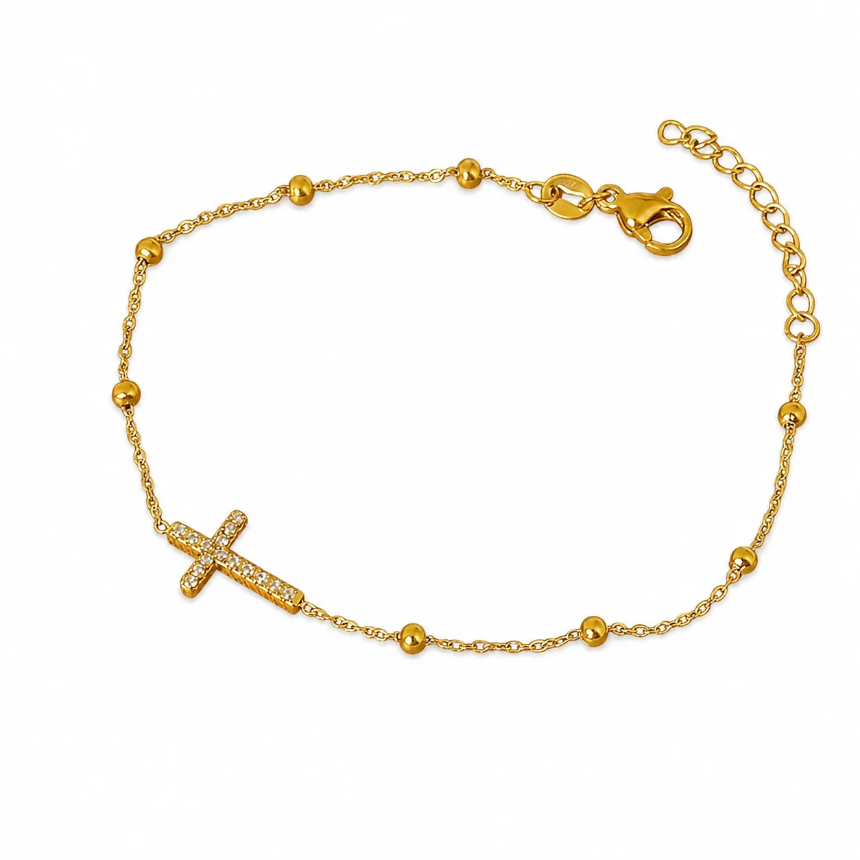 Delicate 316 Stainless Steel Cross Crystal Bead Bracelet - Gold Cross