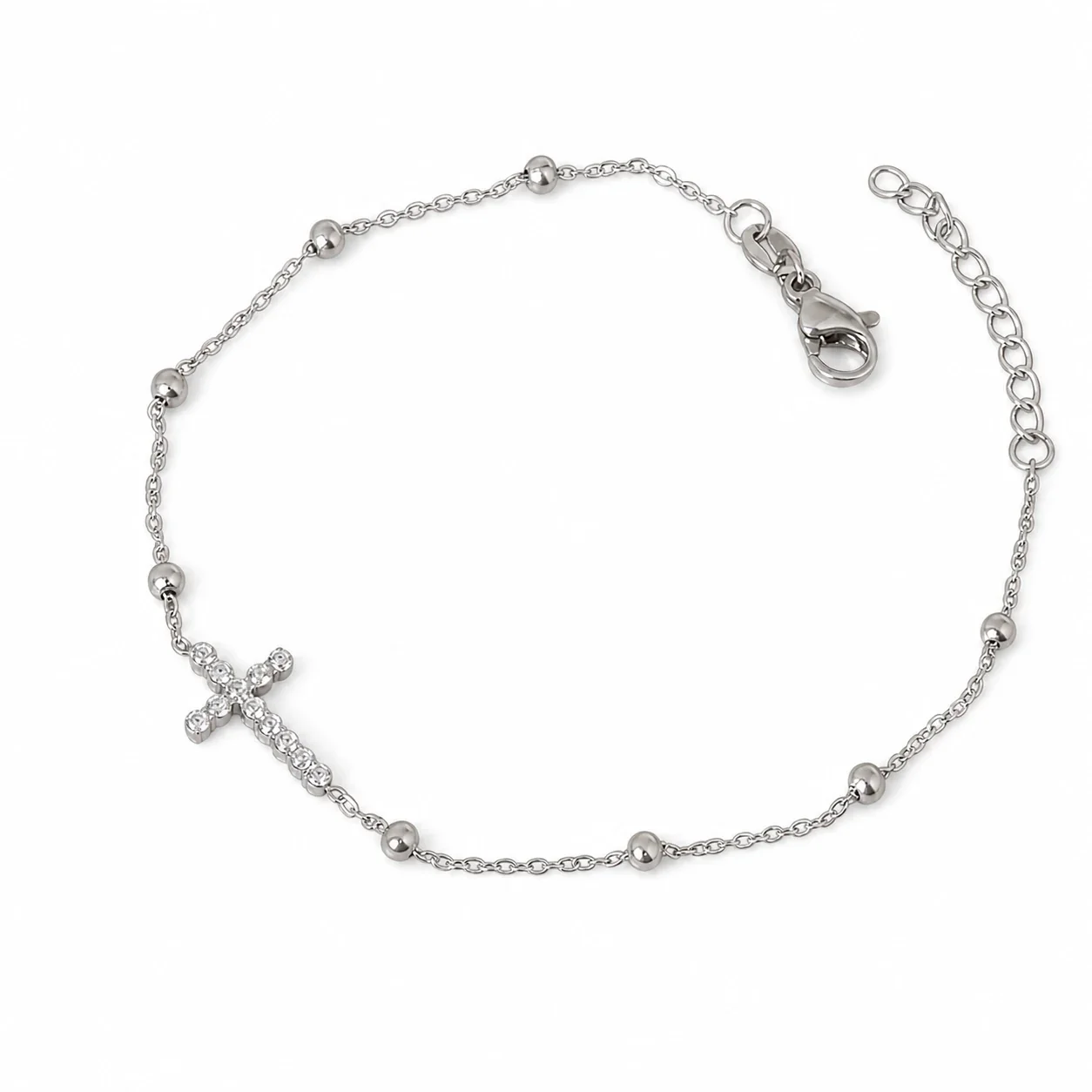 Delicate 316 Stainless Steel Cross Crystal Bead Bracelet - Silver Cross