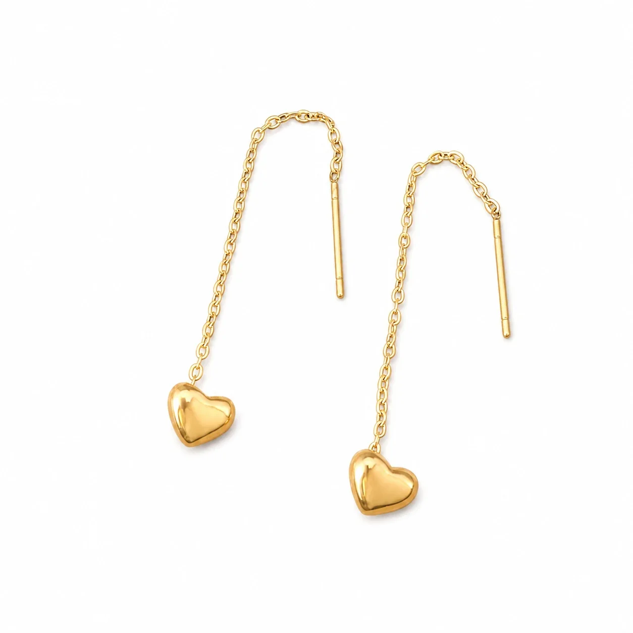 Delicate Gold-Tone Heart Pull-Through Chain Drop Earrings