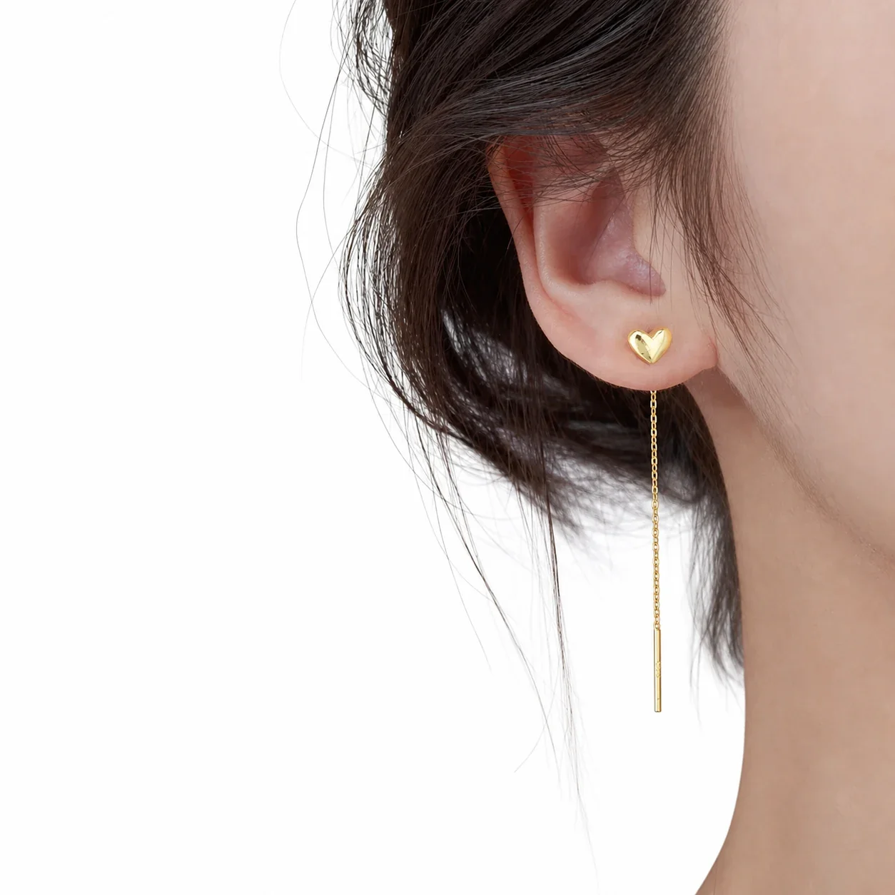 Delicate Gold-Tone Heart Pull-Through Chain Drop Earrings