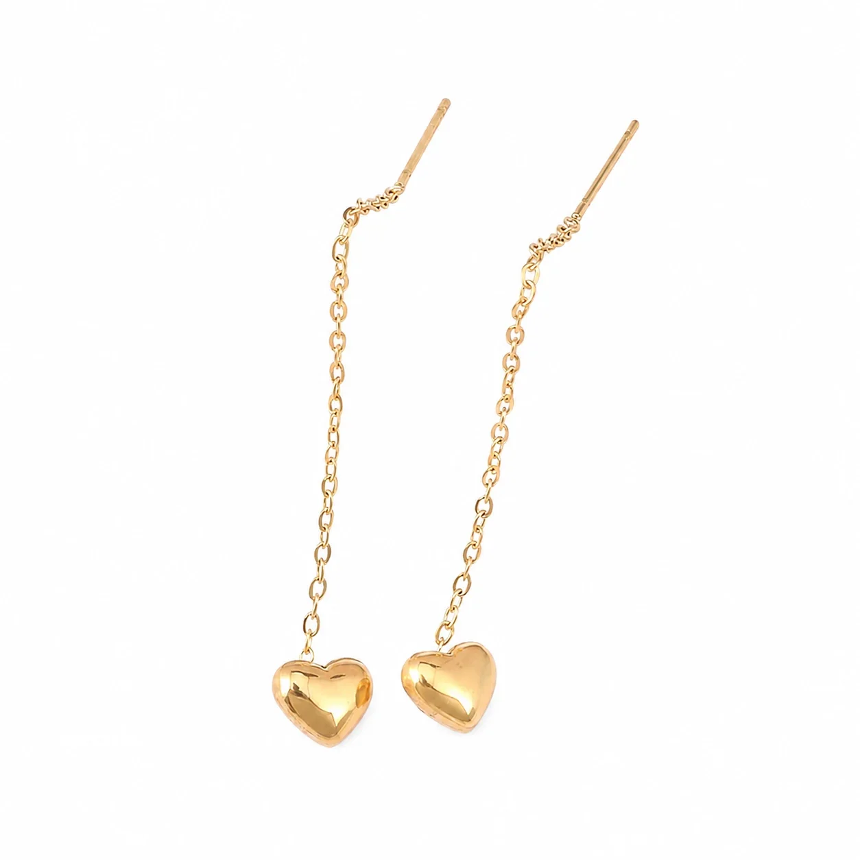 Delicate Gold-Tone Heart Pull-Through Chain Drop Earrings