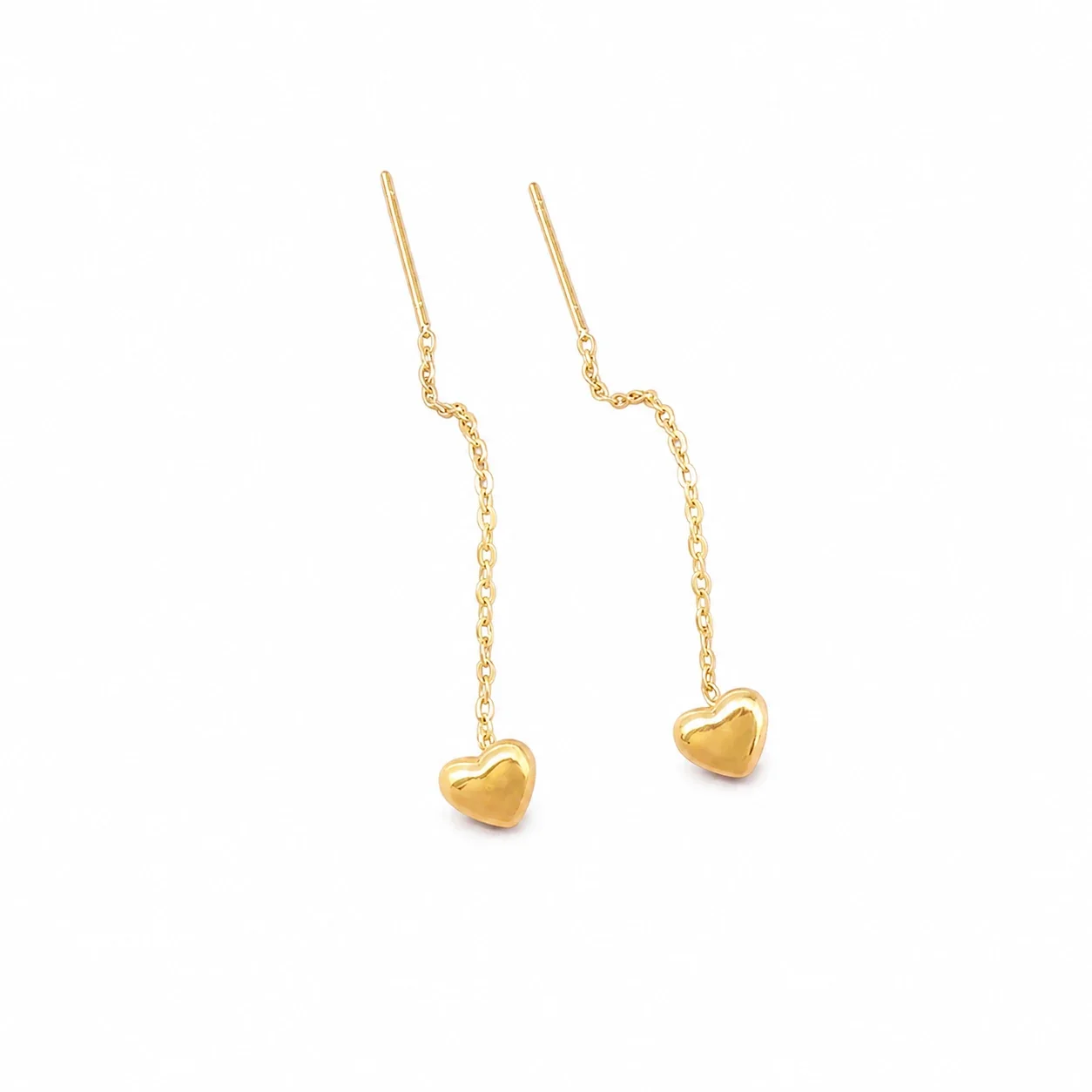 Delicate Gold-Tone Heart Pull-Through Chain Drop Earrings