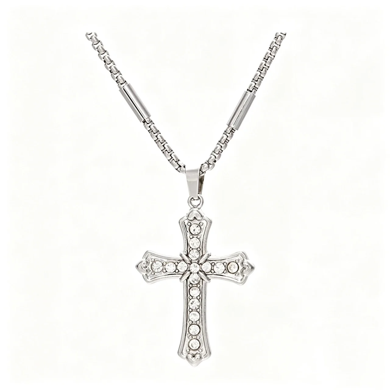 Gothic Stainless Steel Crystal Cross Bead Chain Necklace