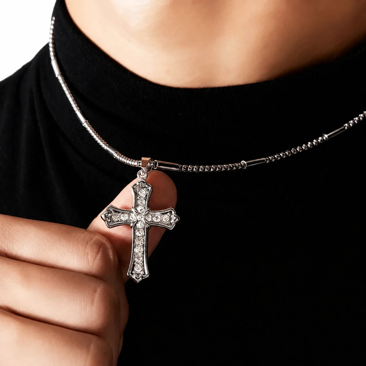 Gothic Stainless Steel Crystal Cross Bead Chain Necklace