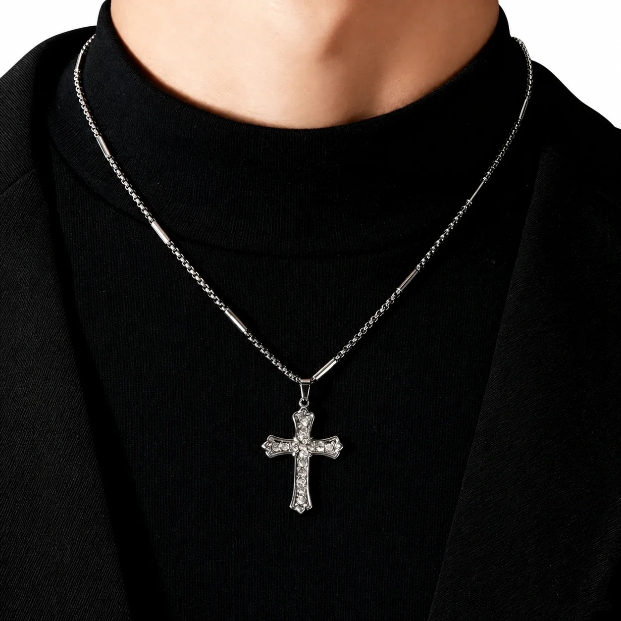 Gothic Stainless Steel Crystal Cross Bead Chain Necklace