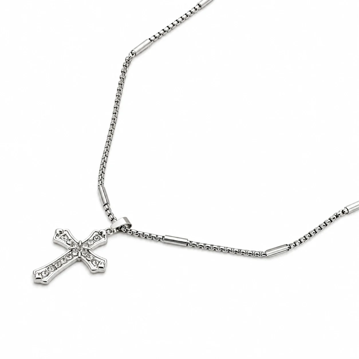 Gothic Stainless Steel Crystal Cross Bead Chain Necklace