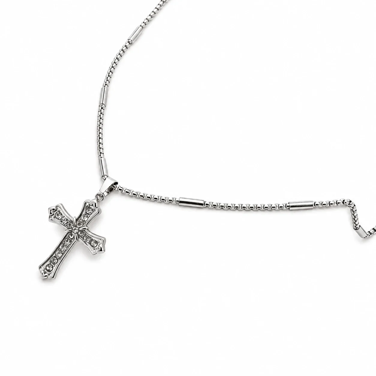 Gothic Stainless Steel Crystal Cross Bead Chain Necklace