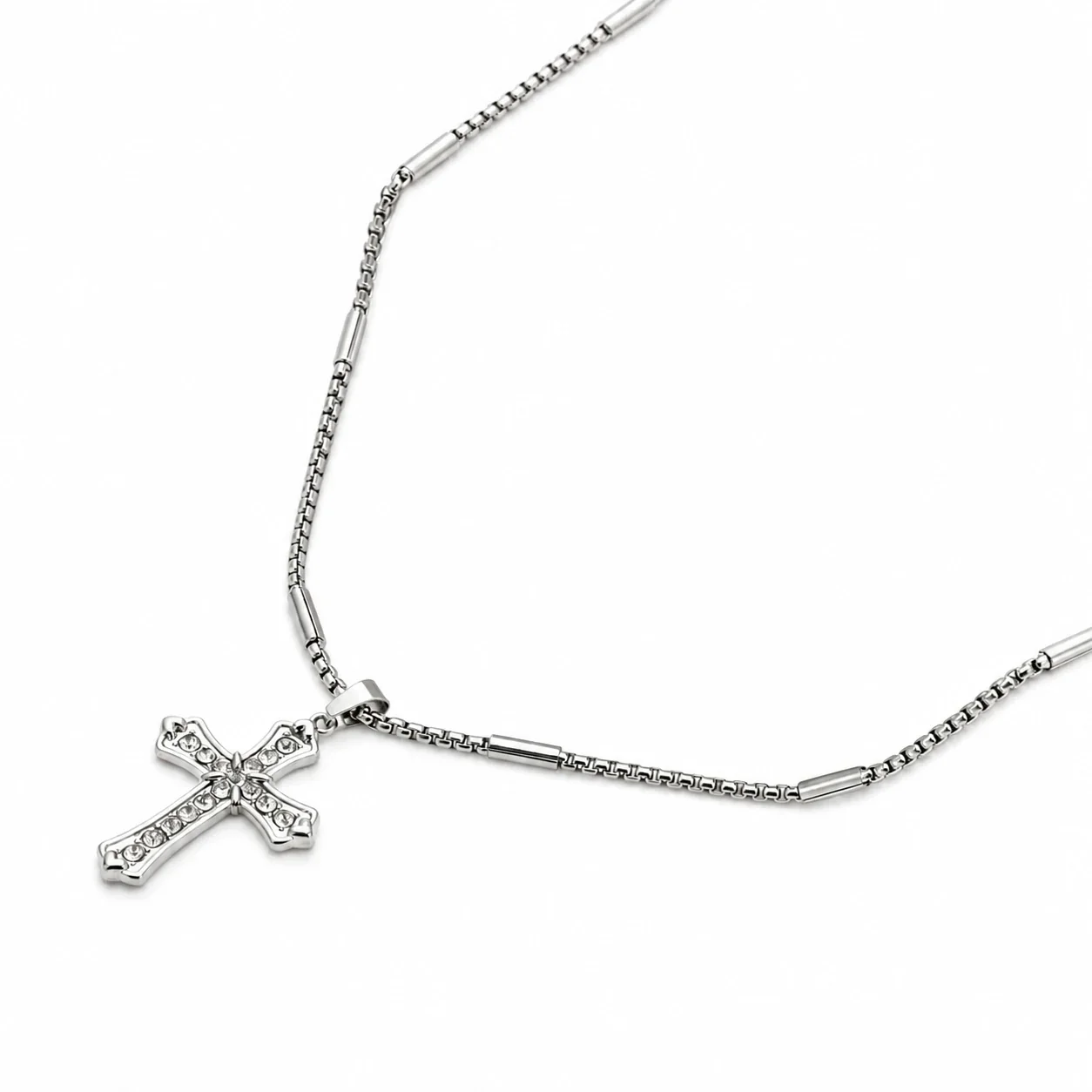 Gothic Stainless Steel Crystal Cross Bead Chain Necklace - Silver Cross cm