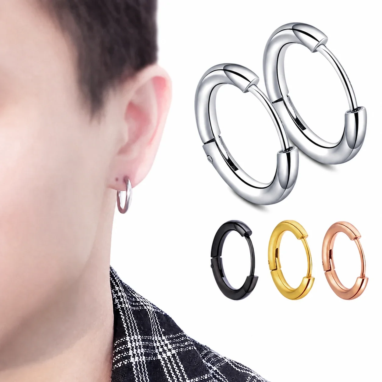 Sleek Stainless Steel U-Hinge Single Hoop Earring