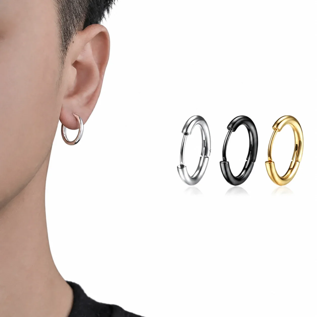 Sleek Stainless Steel U-Hinge Single Hoop Earring - Silver