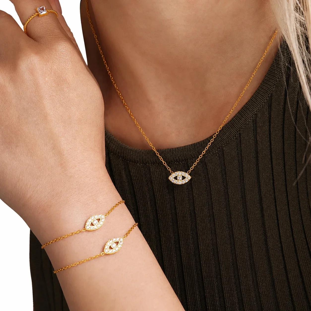 Evil Eye Gold-Plated Layered Bead Chain Necklace