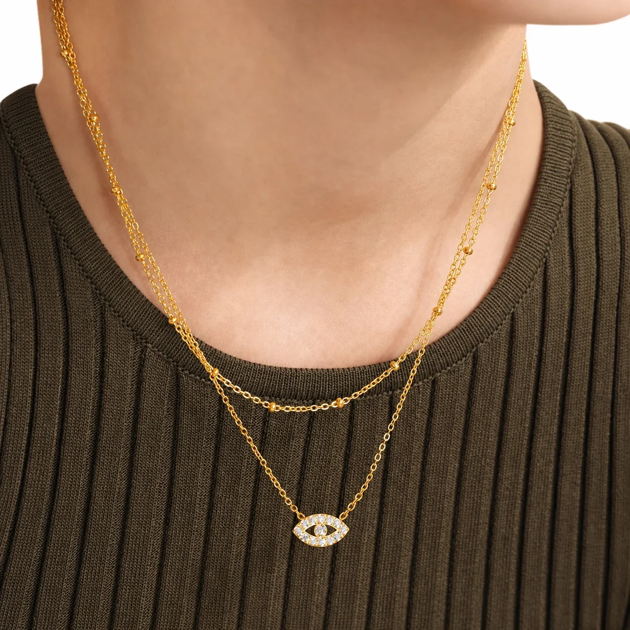 Evil Eye Gold-Plated Layered Bead Chain Necklace
