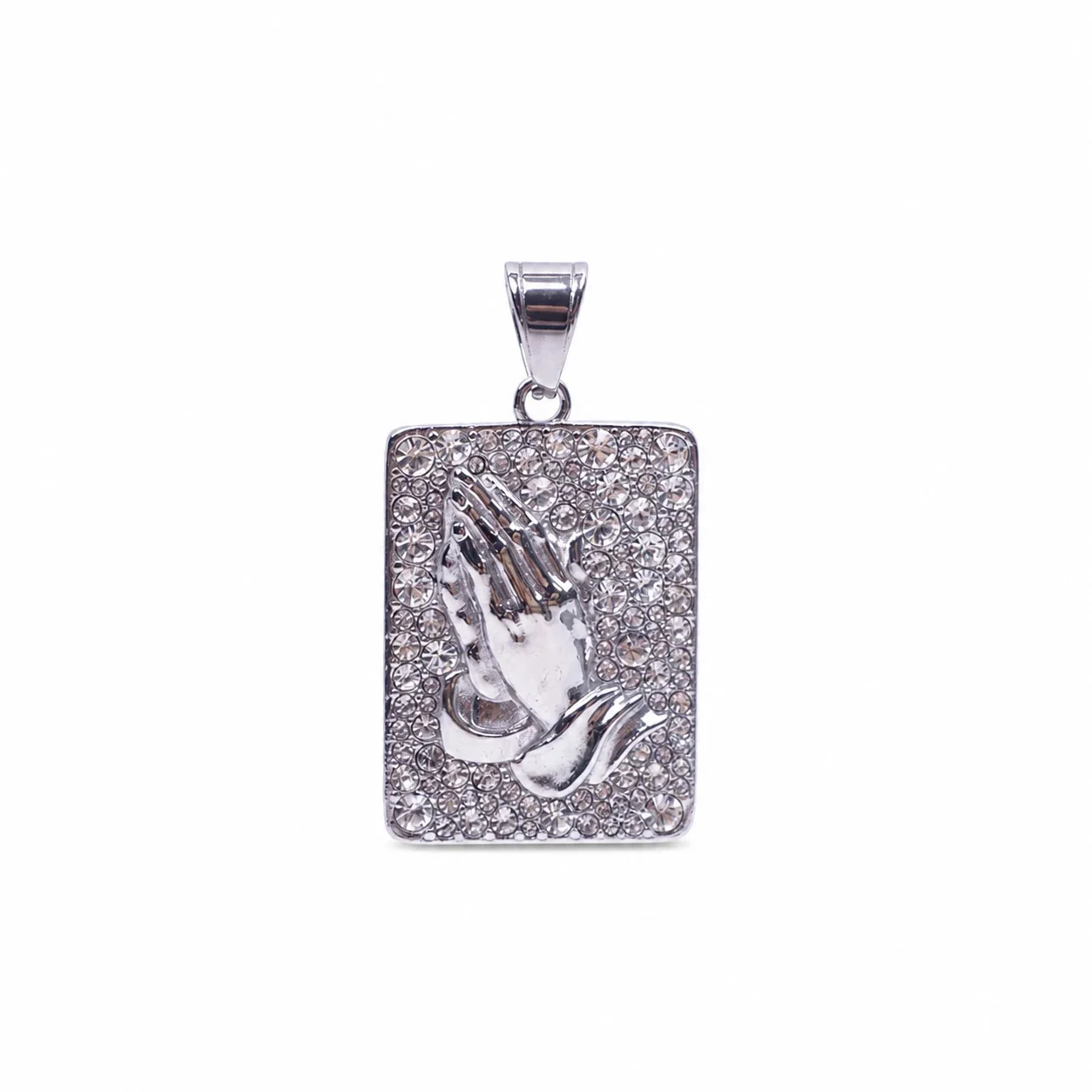Iced 316 Stainless Steel Praying Hands Pendant - Silver