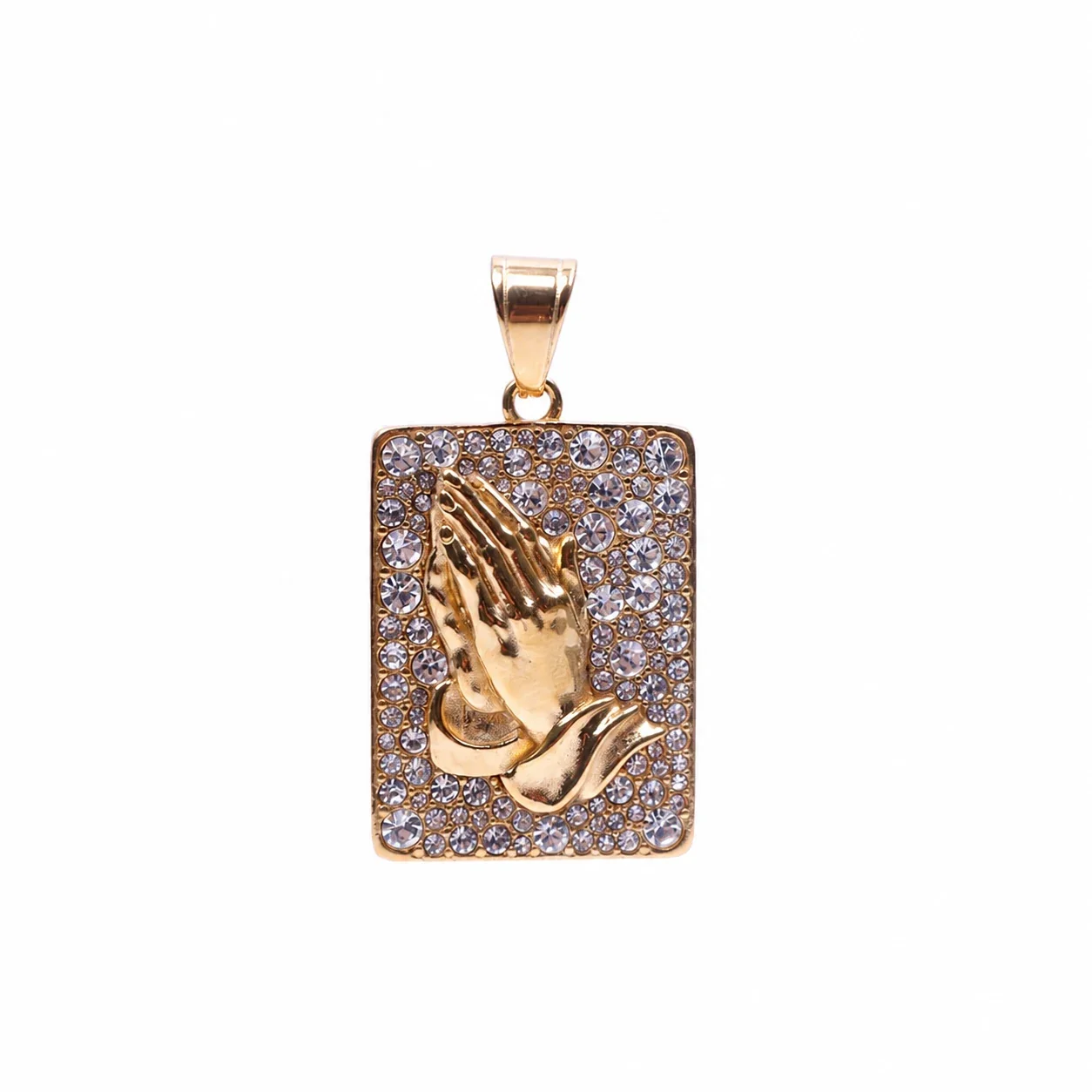 Iced 316 Stainless Steel Praying Hands Pendant - Gold