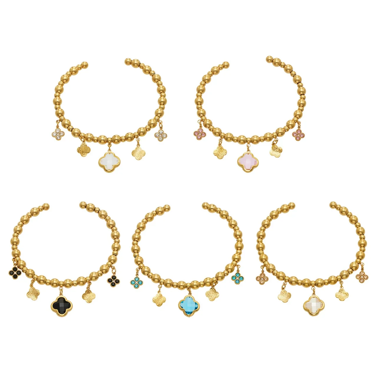 Beaded 18K Gold PVD 316L Stainless Steel Clover Charm Bracelet