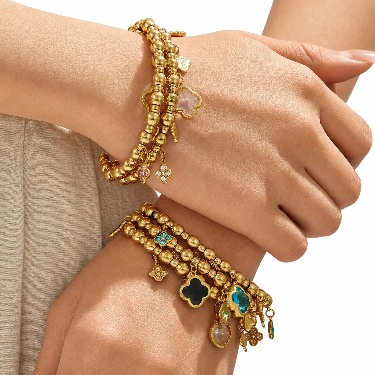Beaded 18K Gold-Plated 316L Clover Charm Bracelet