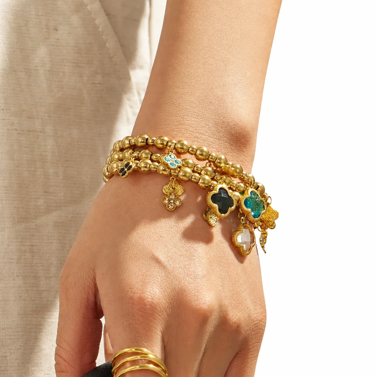 Beaded 18K Gold-Plated 316L Clover Charm Bracelet