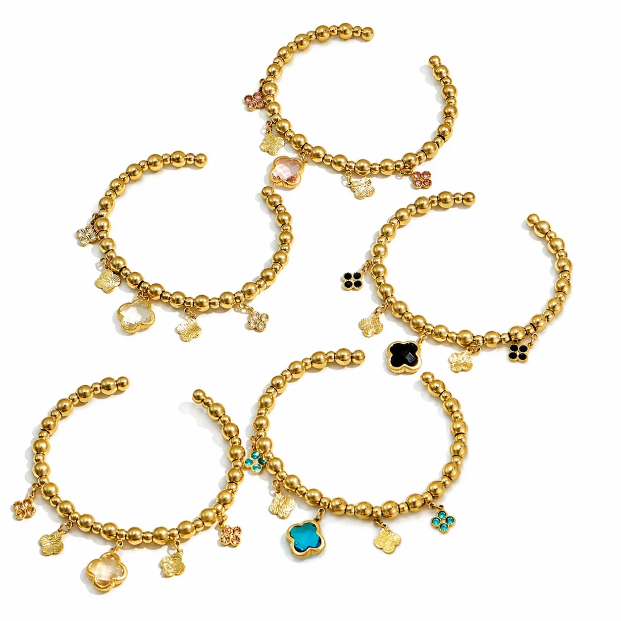 Beaded 18K Gold-Plated 316L Clover Charm Bracelet