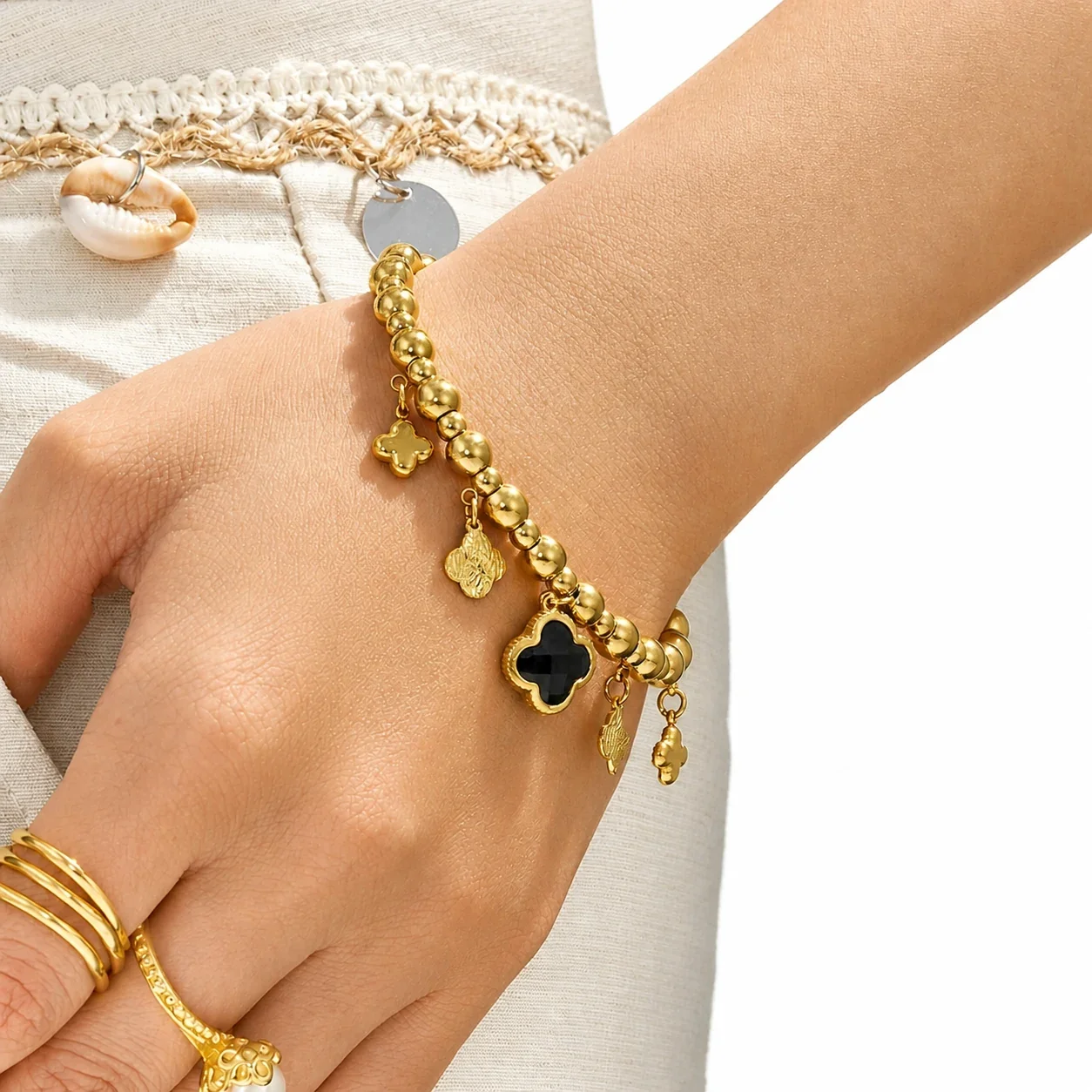 Beaded 18K Gold-Plated 316L Clover Charm Bracelet